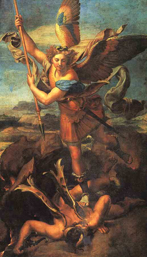 Arkkienkeli Mikael surmaa paholaisen Rafaelin maalauksessa